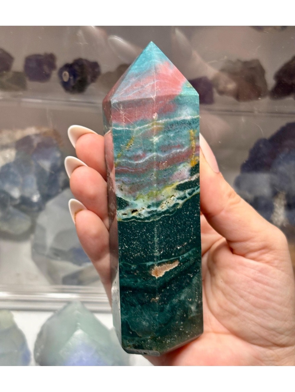 Sea Jasper Tower | Natural Madagascar Sea Jasper Point | Pink, Teal & Green |